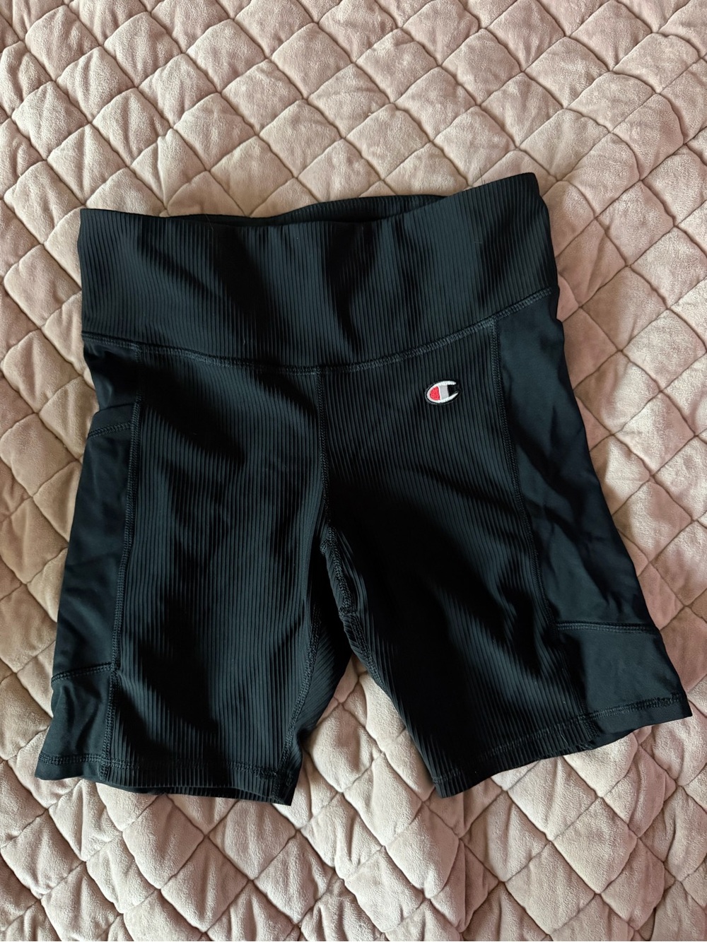 Champion Black Ribbed High-Waist Bike Shorts with Logo